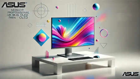 Ilustración subrealista y minimalista de un monitor profesional ASUS ProArt PA32UCDM flotando sobre un escritorio blanco. Ideal para creadores de contenido que buscan alta precisión de color y conectividad avanzada.