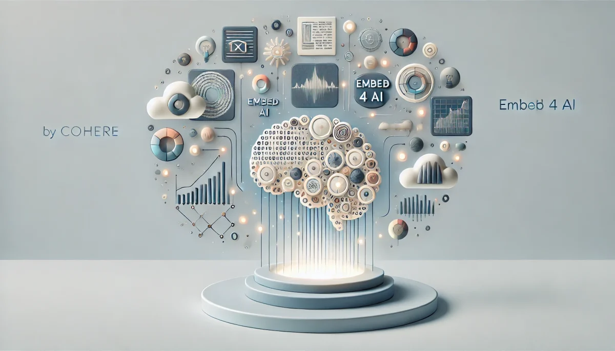 Ilustración surrealista minimalista de una inteligencia artificial multimodal para búsqueda de datos empresariales.