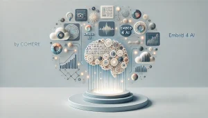 Ilustración surrealista minimalista de una inteligencia artificial multimodal para búsqueda de datos empresariales.