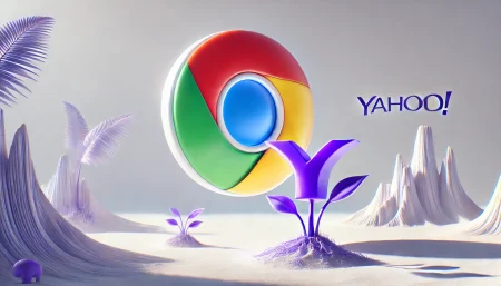 Ilustración minimalista de navegador de Yahoo creciendo junto a Chrome, simbolizando competencia en el mercado de navegadores web