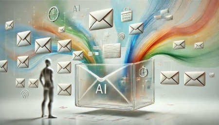 Imagen conceptual minimalista sobre cómo la inteligencia artificial organiza bandejas de entrada en Notion Mail. Representa un buzón transparente flotante con flujos de datos coloridos y carpetas organizadas, simbolizando eficiencia y automatización en la gestión de correos.