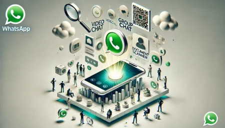 Ilustración minimalista sobre fondo blanco con un móvil y funciones nuevas de WhatsApp como videollamada, escáner y QR.