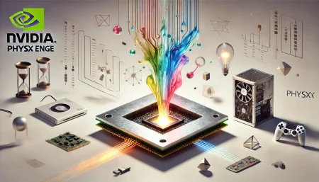 Ilustración digital minimalista que representa la apertura del código fuente de Nvidia PhysX, con una GPU flotante que libera datos y conecta videojuegos antiguos con tecnología moderna, simbolizando la evolución del desarrollo de física en videojuegos.