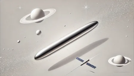 Ilustración minimalista y surrealista de un objeto interestelar atravesando el sistema solar con una nave espacial aproximándose, sobre fondo blanco. Representación artística de la exploración de objetos interestelares como 'Oumuamua y Borisov.