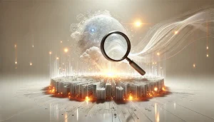 Representación minimalista y surrealista de la herramienta Deep Research de OpenAI, con lupa futurista y flujos de datos