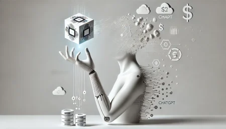 Imagen conceptual y minimalista sobre fondo blanco que representa la evolución de OpenAI: una mano robótica emergiendo de una silueta humana sostiene un cubo holográfico con símbolos tecnológicos. El arte visualiza la transformación digital, la inteligencia artificial y el crecimiento empresarial.