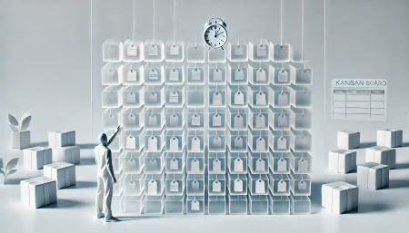 Ilustración digital subrealista y minimalista de tarjetas flotantes en un tablero Kanban, sobre fondo blanco, representando la organización de tareas con Kanri sin conexión a internet.