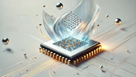 Imagen minimalista y futurista que representa un procesador de 32 bits hecho con disulfuro de molibdeno (MoS₂), mostrando una lámina atómica suspendida sobre una base de chip con conexiones doradas y aluminio, ideal para contenidos sobre materiales 2D y tecnología más allá del silicio.