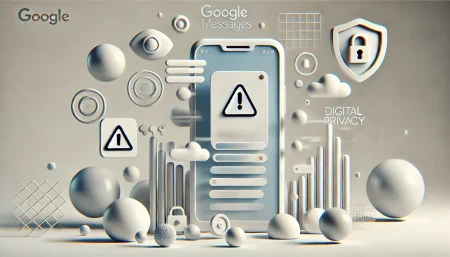 Ilustración surrealista y minimalista de Google Messages con móvil mostrando imagen difuminada y elementos de privacidad