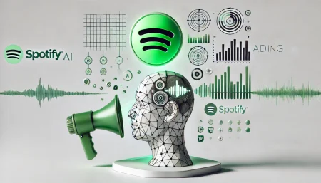 Ilustración digital surrealista y minimalista que representa las herramientas de publicidad con inteligencia artificial de Spotify. Un logo de Spotify se transforma en una burbuja de voz con ondas sonoras, flotando sobre una cabeza geométrica, con elementos abstractos como megáfono, datos y símbolos digitales. Fondo blanco, estilo limpio y futurista.