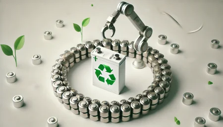 Imagen conceptual minimalista que representa el reciclaje de baterías de litio para vehículos eléctricos, con enfoque en el reaprovechamiento de níquel en una economía circular sostenible. Un brazo robótico coloca una celda reciclada en un bucle cerrado, mientras emergen hojas verdes como símbolo ecológico. Fondo blanco, estilo futurista y limpio.