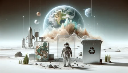 Ilustración conceptual subrealista y minimalista con fondo blanco sobre el reciclaje de residuos humanos en misiones lunares. Un astronauta junto a un contenedor y una máquina que convierte desechos en plantas y agua, simbolizando la exploración espacial sostenible. Ideal para contenido sobre el reto LunaRecycle de la NASA.