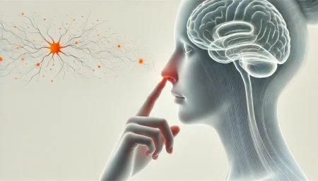 Ilustración minimalista de una figura humana tocándose la nariz con conexiones neuronales hacia un cerebro, simbolizando el posible vínculo con el Alzheimer.