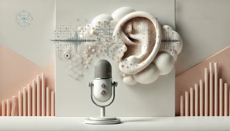 Imagen minimalista y surrealista sobre fondo blanco que representa un asistente de voz con inteligencia artificial en un entorno empresarial. Un oído humano formado por circuitos digitales emerge de una nube de código binario, simbolizando la comprensión del lenguaje por parte de la IA. Abajo, un micrófono elegante se integra con un entorno de oficina estilizado, reflejando tecnología de voz profesional.