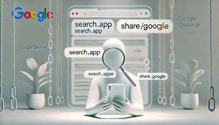 Ilustración digital minimalista con fondo blanco que muestra a una figura abstracta usando un móvil con enlaces flotantes de Google como search.app y share.google, simbolizando el nuevo sistema de rastreo de enlaces y compartición de contenidos en Google Discover.