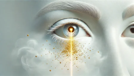 Ojo humano recibiendo nanopartículas de oro para restaurar la visión mediante láser infrarrojo, arte minimalista y surrealista.