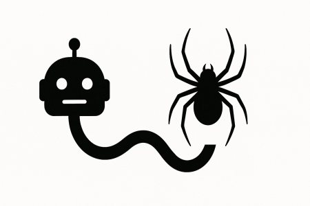 Imagen minimalista de robot conectado a araña representando riesgos de seguridad en inteligencia artificial RAG y LLMs
