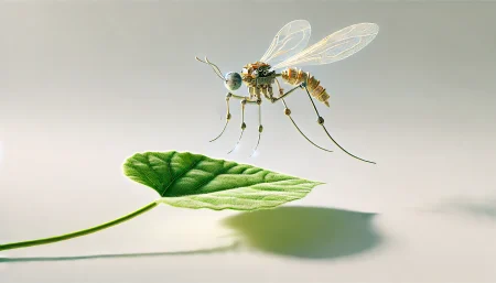 RoboBee con patas de zancudo aterrizando suavemente sobre una hoja en fondo blanco, ilustración minimalista sobre robótica