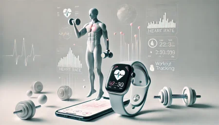 Imagen subrealista y minimalista que representa a una persona entrenando en el gimnasio mientras usa un smartwatch y una app móvil para registrar ejercicios, repeticiones y progreso muscular. Ideal para contenidos sobre tecnología fitness y apps de entrenamiento.