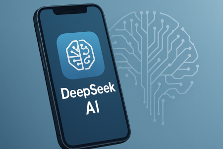 smartphone con interfaz de la app DeepSeek AI y fondo con ilustración de red neuronal digital
