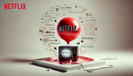 Ilustración subrealista y minimalista de la función de subtítulos con solo diálogo en Netflix, sin efectos de sonido.