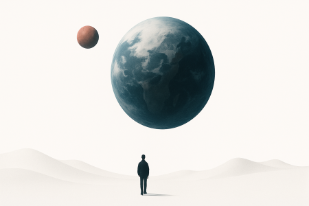 Ilustración digital minimalista de una super-Tierra y su luna flotando sobre colinas blancas, evocando la exploración de exoplanetas distantes en órbitas lejanas.