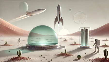 Ilustración subrealista y minimalista sobre las tecnologías espaciales modernas para llegar a Marte. Incluye un cohete de propulsión a plasma, una base marciana con cianobacterias, baterías adaptadas a la atmósfera de Marte, y el sistema Starship en segundo plano. Fondo blanco, líneas suaves y estilo futurista.