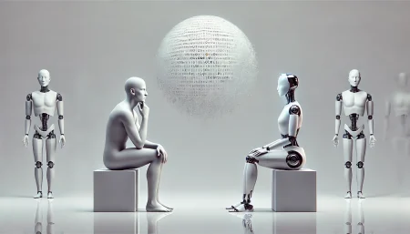 Ilustración minimalista y surrealista de un test de Turing entre un humano y una inteligencia artificial, con fondo blanco y estilo conceptual. Ideal para artículos sobre GPT-4.5, IA conversacional y detección de inteligencia artificial.