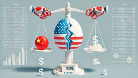 Imagen conceptual minimalista y surrealista que representa el conflicto político y económico entre Estados Unidos y China por el control de TikTok. El logotipo de TikTok aparece dividido, sostenido por manos robóticas que simbolizan a ambos países, con una balanza que refleja el dilema entre dinero y datos personales.