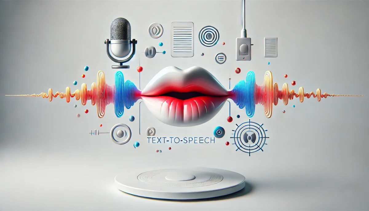 Ilustración subrealista de labios flotantes emitiendo ondas de voz, representando la tecnología de texto a voz con inteligencia artificial.