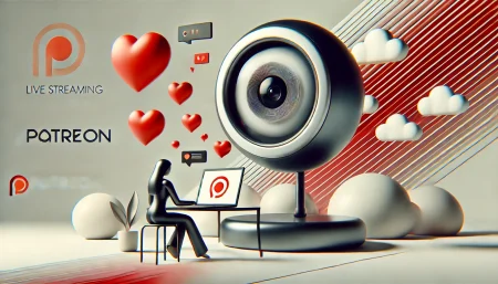 Ilustración surrealista y minimalista con fondo blanco que representa el livestreaming en Patreon. Un creador transmite desde su portátil mientras un ojo-cámara flota sobre él. Corazones y burbujas de chat simbolizan la interacción y la monetización dentro de la plataforma.