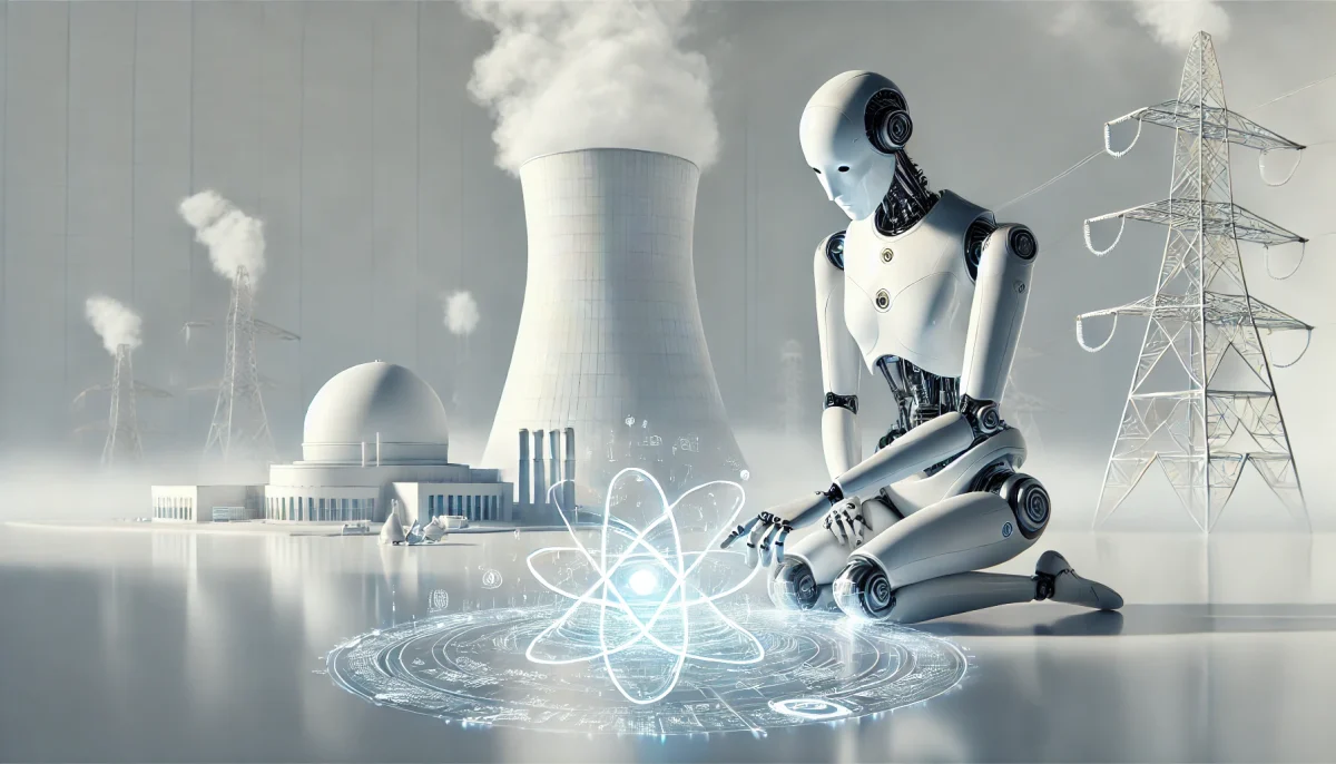 Imagen conceptual de un robot interactuando con planos atómicos, representando la aplicación de la inteligencia artificial en una planta nuclear como Diablo Canyon. Estilo minimalista, fondo blanco, con símbolos tecnológicos y estructuras nucleares difusas.