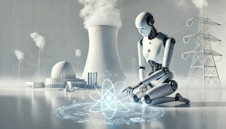 Imagen conceptual de un robot interactuando con planos atómicos, representando la aplicación de la inteligencia artificial en una planta nuclear como Diablo Canyon. Estilo minimalista, fondo blanco, con símbolos tecnológicos y estructuras nucleares difusas.