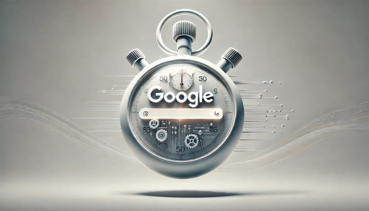 Ilustración conceptual de un cronómetro fusionado con una barra de búsqueda que simboliza la rapidez y fiabilidad del buscador Google.