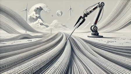 Ilustración surrealista de un cable submarino de internet a punto de ser cortado por un brazo robótico con símbolos chinos, sobre un fondo blanco.