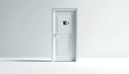 Puerta blanca cerrada con ojo digital que simboliza el acceso limitado a los modelos avanzados de OpenAI solo para organizaciones verificadas.