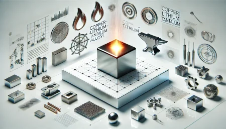 Imagen surrealista y minimalista de una aleación de cobre-litio-tantalio flotante sobre fondo blanco, representando resistencia al calor y fortaleza estructural