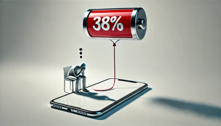 Imagen conceptual y minimalista sobre la ansiedad causada por el nivel de batería bajo en smartphones, representando un teléfono con un 38% de carga flotando como un globo sobre una figura humana preocupada, en un fondo blanco limpio.