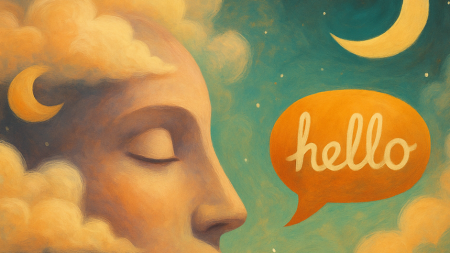 Pintura digital surrealista que representa el proceso de aprender idiomas con inteligencia artificial. Incluye un rostro humano etéreo, un libro flotante, una cámara metafórica del entorno y un globo de diálogo con un saludo, todo envuelto en una atmósfera onírica y cálida que simboliza la conexión entre lenguaje, imágenes y contexto.