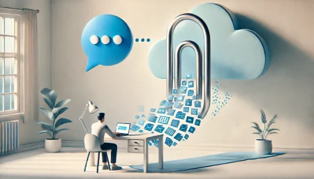 Imagen conceptual que representa la nueva función de Meta Messenger para enviar archivos de hasta 100MB, con un diseño limpio y simbólico que destaca la transformación digital del intercambio de archivos. Ideal para ilustrar noticias de tecnología, mensajería y productividad.