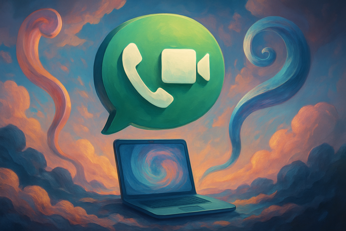 Ilustración surrealista que representa la conexión entre un ordenador portátil y la nube a través de una atmósfera onírica