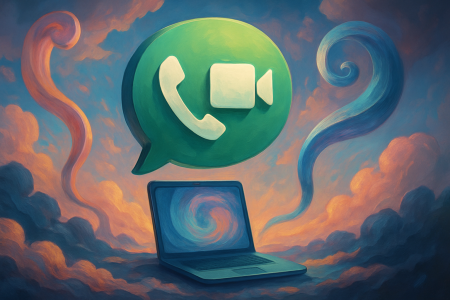 Ilustración surrealista que representa la conexión entre un ordenador portátil y la nube a través de una atmósfera onírica