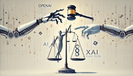 Ilustración surrealista minimalista del conflicto legal entre OpenAI y Elon Musk por el control de la inteligencia artificial