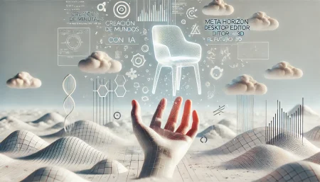 Imagen conceptual sobre la creación de mundos virtuales con inteligencia artificial usando Meta Horizon Desktop Editor. Representa el diseño 3D con herramientas de IA en un entorno digital subrealista y minimalista.