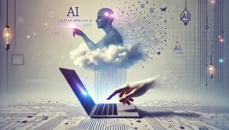 Ilustración surrealista y minimalista de IA ayudando a crear apps sin código desde el navegador