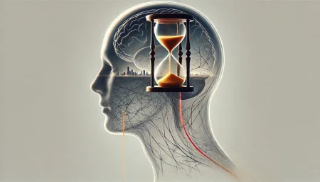 Cabeza humana de cristal con reloj de arena dentro, representando el envejecimiento cerebral acelerado en la esquizofrenia.
