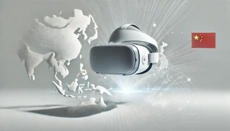 Visor de realidad virtual flotando con luces abstractas y mapas difusos de China y Vietnam, sobre fondo blanco