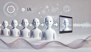 Ilustración subrealista de un avatar animado emergiendo de una imagen, representando la generación de videos por IA