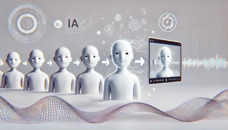 Ilustración subrealista de un avatar animado emergiendo de una imagen, representando la generación de videos por IA