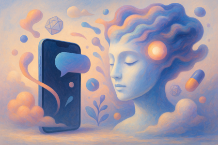 Pintura digital surrealista que representa un asistente de inteligencia artificial como una figura humana etérea con elementos abstractos